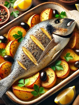 DALL·E 2025-02-26 11.56.08 - A beautifully plated oven-baked gilthead seabream (dourada) with golden roasted potato slices, garnished with fresh parsley and black olives. The fish