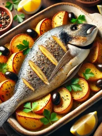 DALL·E 2025-02-26 11.56.08 - A beautifully plated oven-baked gilthead seabream (dourada) with golden roasted potato slices, garnished with fresh parsley and black olives. The fish