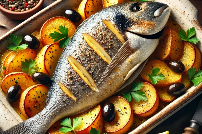 DALL·E 2025-02-26 11.56.08 - A beautifully plated oven-baked gilthead seabream (dourada) with golden roasted potato slices, garnished with fresh parsley and black olives. The fish