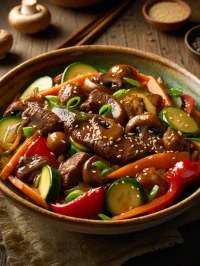 DALL·E 2025-02-26 11.57.41 - A beautifully plated stir-fried beef with vegetables and mushrooms. The dish includes tender beef strips, sliced mushrooms, red bell peppers, zucchini