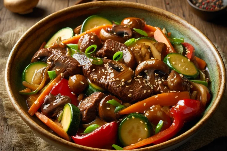 DALL·E 2025-02-26 11.57.41 - A beautifully plated stir-fried beef with vegetables and mushrooms. The dish includes tender beef strips, sliced mushrooms, red bell peppers, zucchini