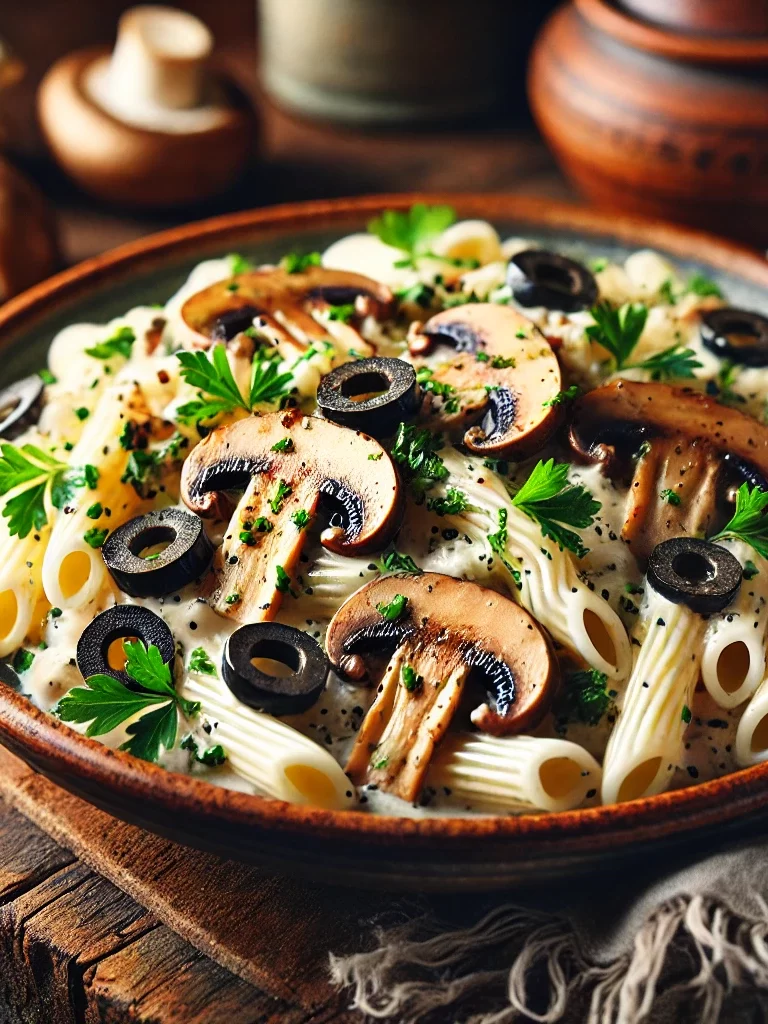 DALL·E 2025-02-26 12.09.07 - A delicious plate of pasta with creamy sauce, topped with sautéed mushrooms, black olives, and a sprinkle of fresh herbs. The dish is served in a rust