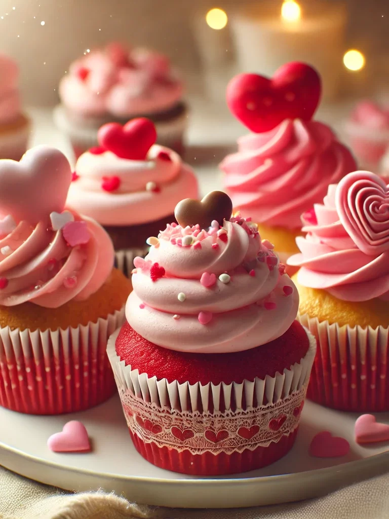 DALL·E 2025-02-26 16.56.39 - A beautifully arranged set of Valentine's Day cupcakes on a white plate. The cupcakes have pink and red frosting, heart-shaped sprinkles, and delicate