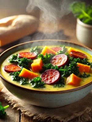 DALL·E 2025-02-26 17.03.23 - A cozy bowl of caldo-verde with sweet potatoes and chorizo. The soup is creamy and golden, garnished with thinly sliced kale and crispy chorizo pieces
