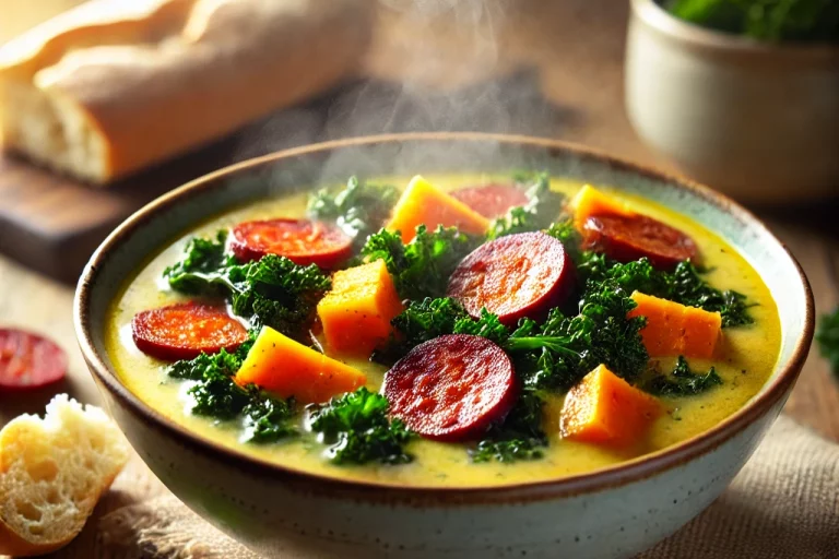 DALL·E 2025-02-26 17.03.23 – A cozy bowl of caldo-verde with sweet potatoes and chorizo. The soup is creamy and golden, garnished with thinly sliced kale and crispy chorizo pieces DALL·E 2025-02-26 17.03.23 - A cozy bowl of caldo-verde with sweet potatoes and chorizo. The soup is creamy and golden, garnished with thinly sliced kale and crispy chorizo pieces
