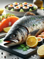 DALL·E 2025-03-06 00.06.53 - A realistic image of a variety of fresh fish dishes, including a grilled salmon fillet with crispy skin, a whole roasted fish with herbs and lemon sli