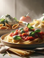 DALL·E 2025-03-06 00.08.07 - A realistic image of a variety of pasta dishes, including a plate of spaghetti with rich tomato sauce and basil, a creamy fettuccine alfredo, and a di