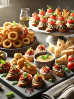 DALL·E 2025-03-06 00.08.13 - A realistic image of a variety of appetizers, including a platter of bruschetta with fresh tomatoes and basil, a plate of crispy fried calamari with d