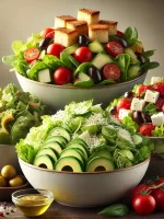 DALL·E 2025-03-06 00.09.47 - A realistic image of a variety of fresh salads, including a vibrant bowl of mixed greens with cherry tomatoes and avocado, a classic Caesar salad with