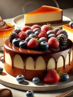 DALL·E 2025-03-06 00.11.56 - A realistic image of a variety of desserts, including a rich chocolate cake with glossy ganache, a creamy cheesecake topped with fresh berries, and a