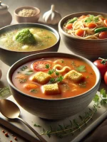 DALL·E 2025-03-06 00.12.23 - A realistic image of a variety of soups, including a steaming bowl of creamy tomato soup with a side of crispy croutons, a hearty vegetable soup with